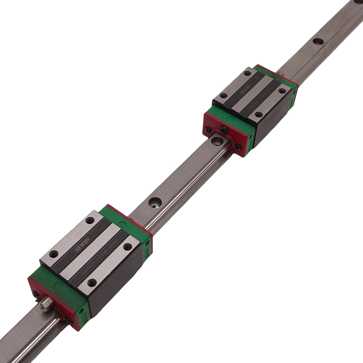 Used Hiwin HGH15CA Linear Guide Assembly 1350mm Rail, (2x)61.4x34mm Carriages, 14.7kN