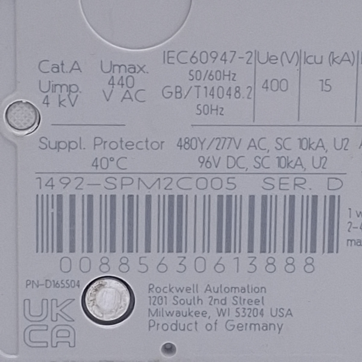Used Allen Bradley 1492-SPM2C005 Circuit Breaker, 2-Pole, 0.5A, 480Y/227VAC/96VDC