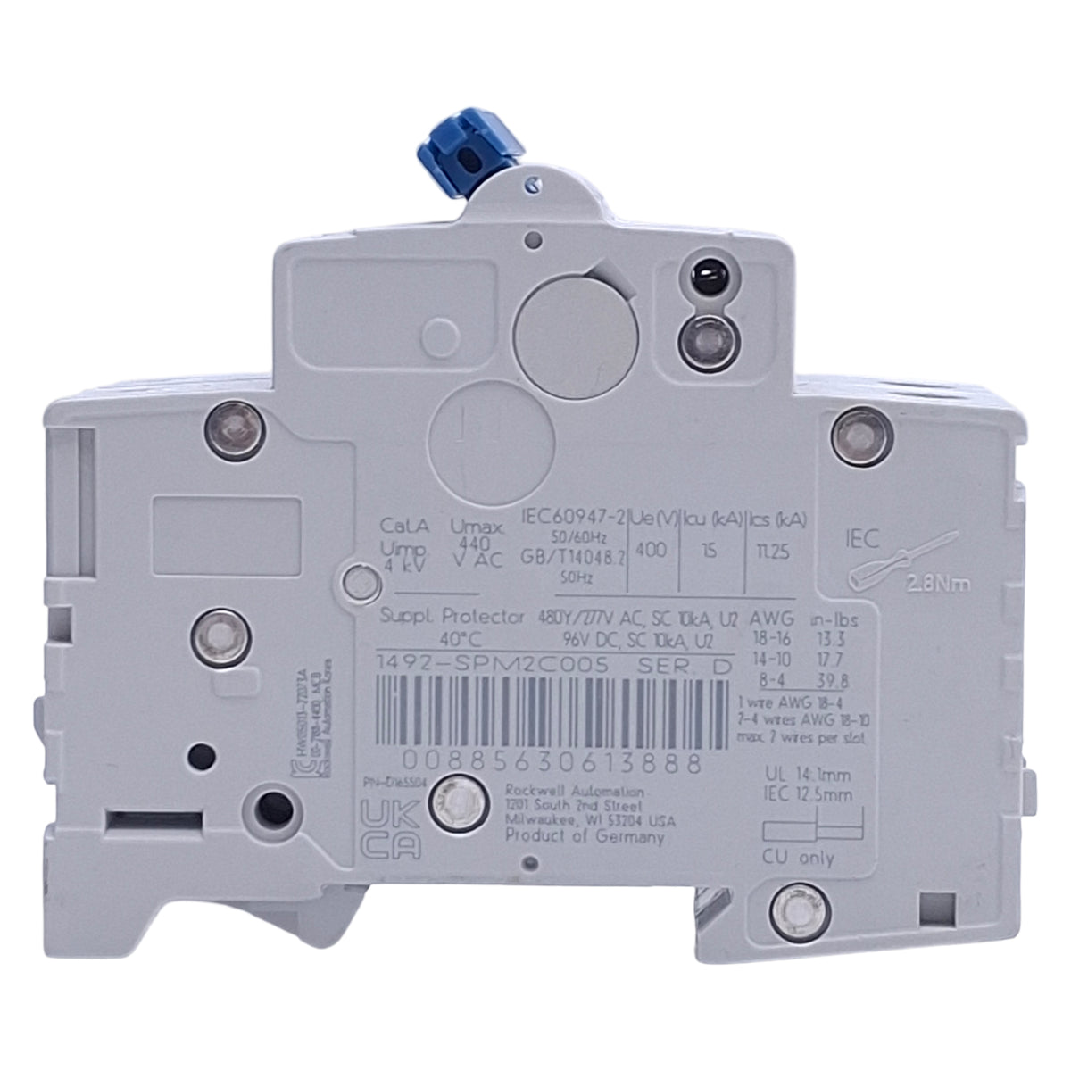 Used Allen Bradley 1492-SPM2C005 Circuit Breaker, 2-Pole, 0.5A, 480Y/227VAC/96VDC