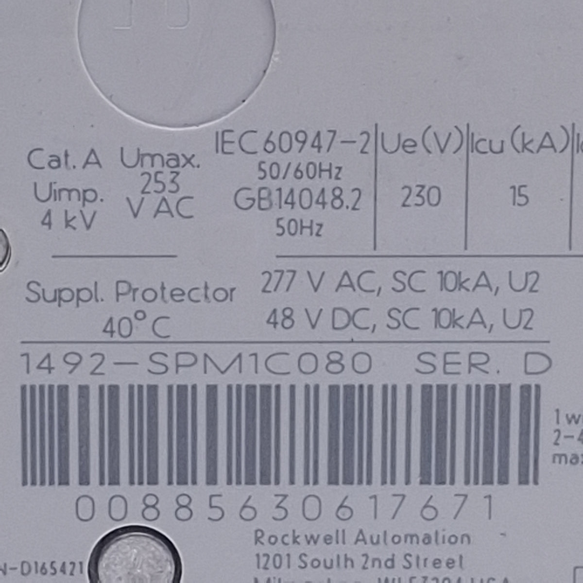 Used Allen Bradley 1492-SPM1C080 Circuit Breaker, 1-Pole, 8A, 227VAC/48VDC, DIN Rail