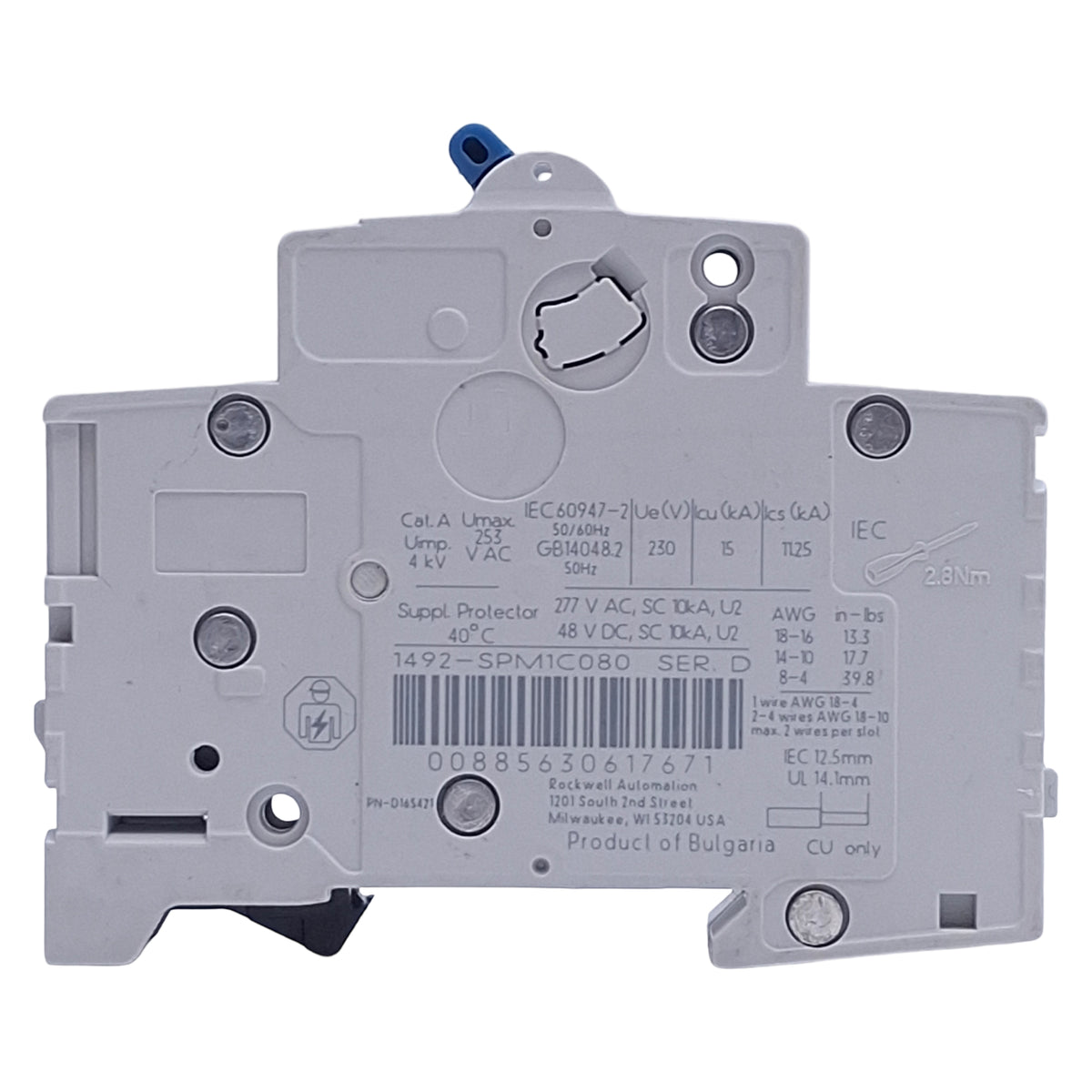 Used Allen Bradley 1492-SPM1C080 Circuit Breaker, 1-Pole, 8A, 227VAC/48VDC, DIN Rail