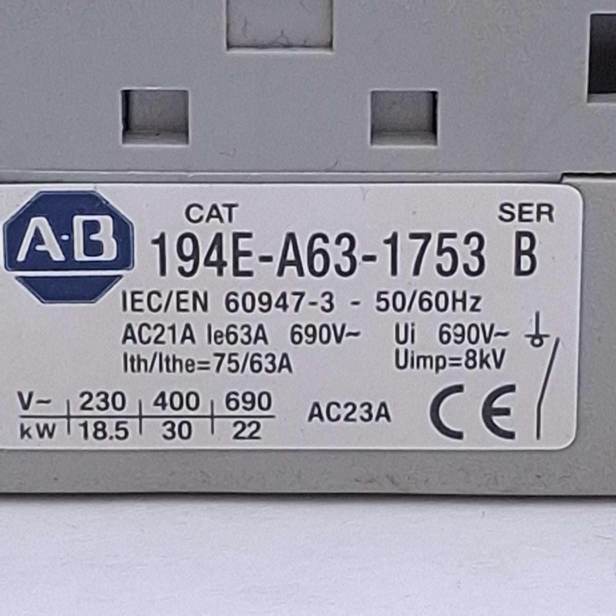 Used Allen Bradley 194E-A63-1753 Disconnect Switch 3-Pole, 63A 600VAC, DIN Rail