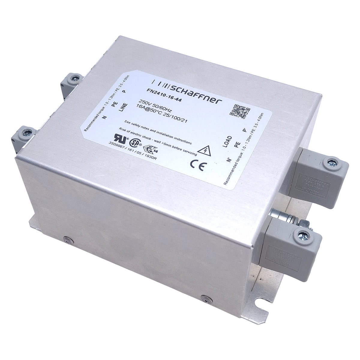 Used Schaffner FN 2410-16-44 EMC/RFI Power Line Filter 1-Phase, 16A, 250VAC Max
