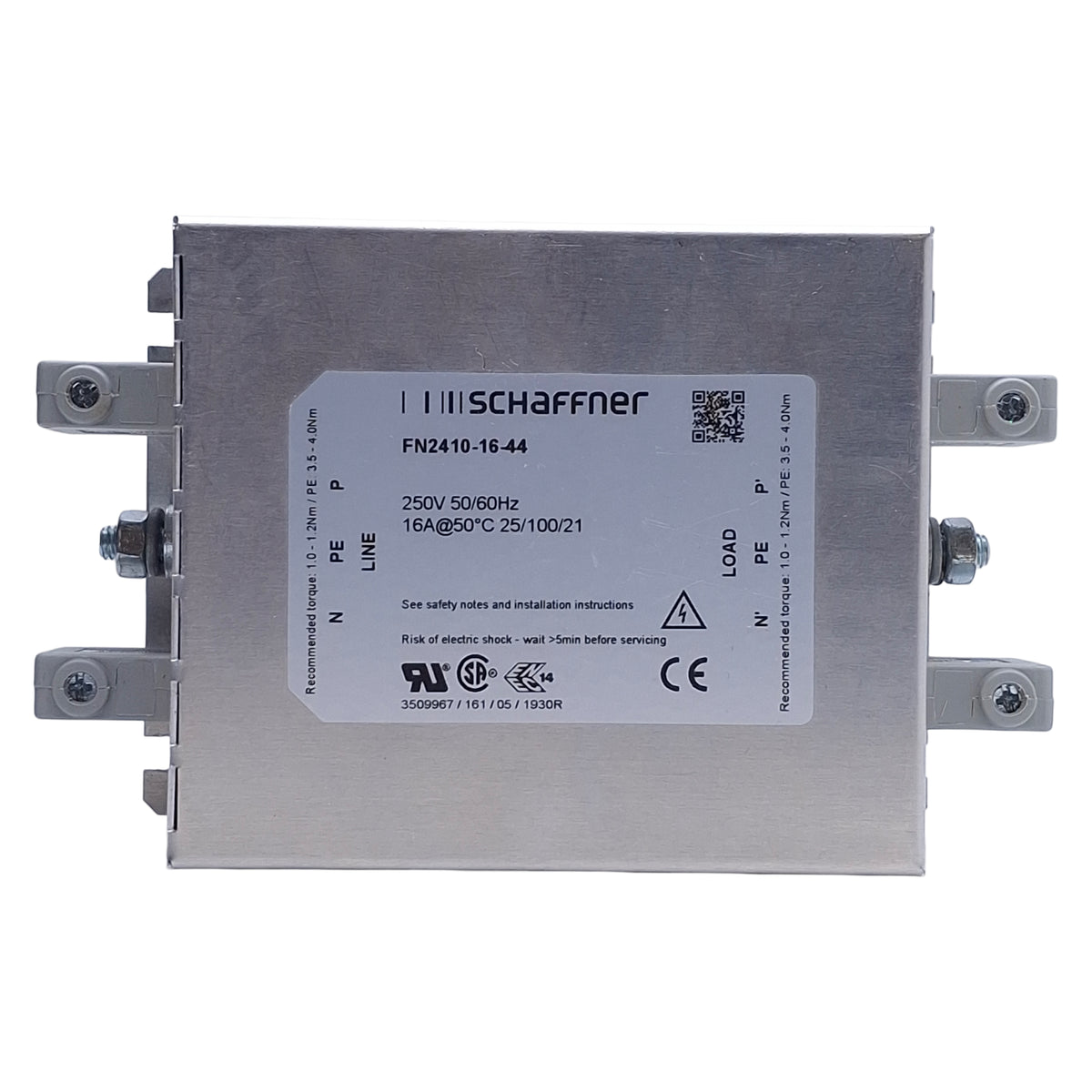 Used Schaffner FN 2410-16-44 EMC/RFI Power Line Filter 1-Phase, 16A, 250VAC Max