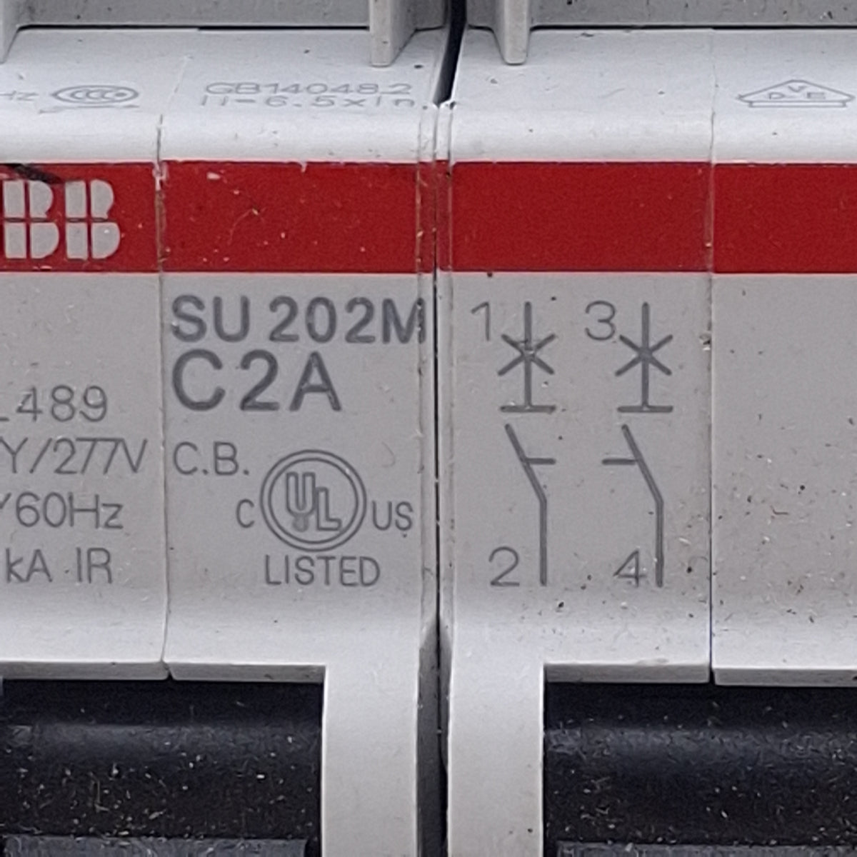 Used ABB SU202M-C2 Circuit Breaker, 2-Pole, 2A 480Y/277VAC, C-Curve, DIN Rail