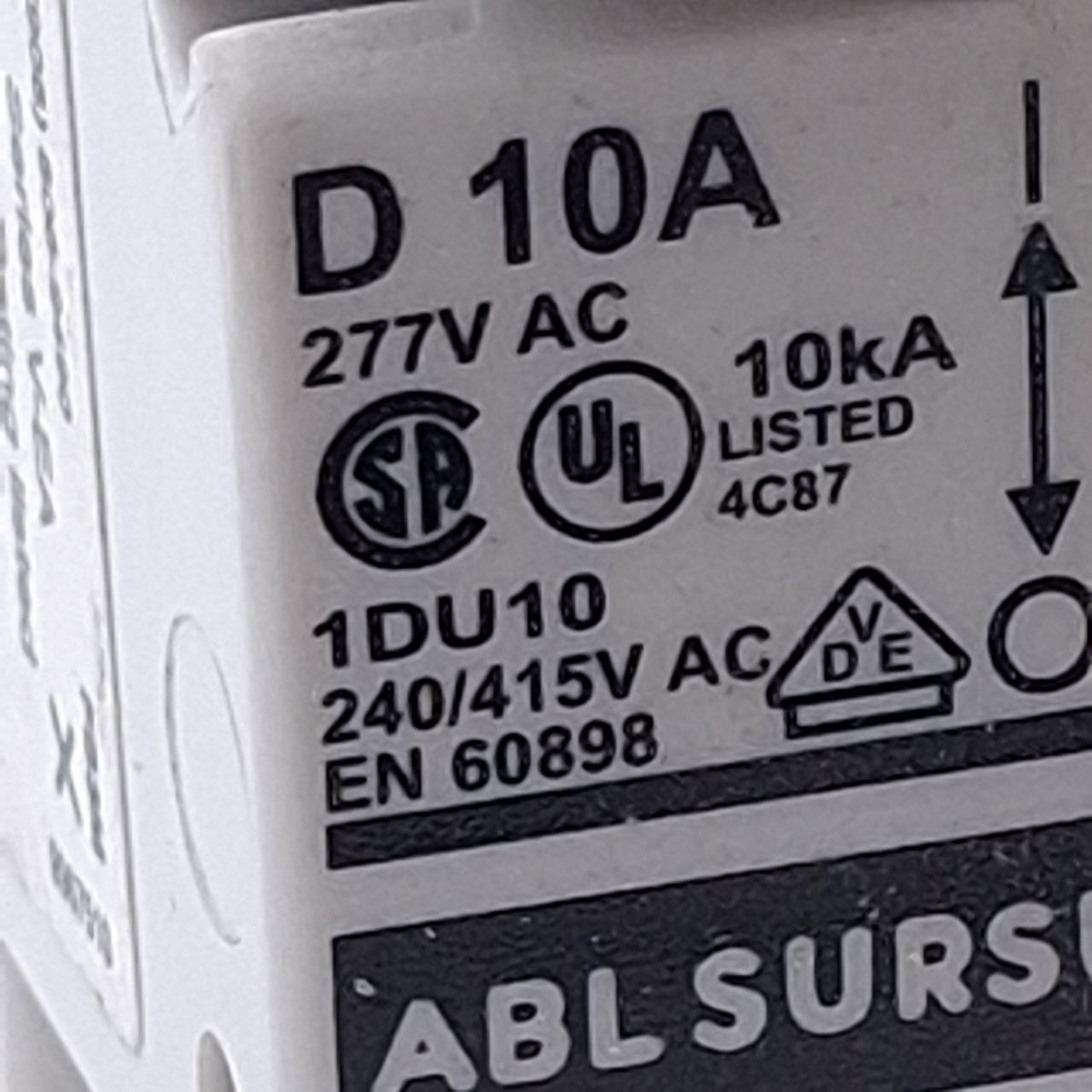 Used Lot of 2 ABL Sursum 1DU10 Circuit Breaker, 1-Pole, 10A 277VAC, DIN Rail
