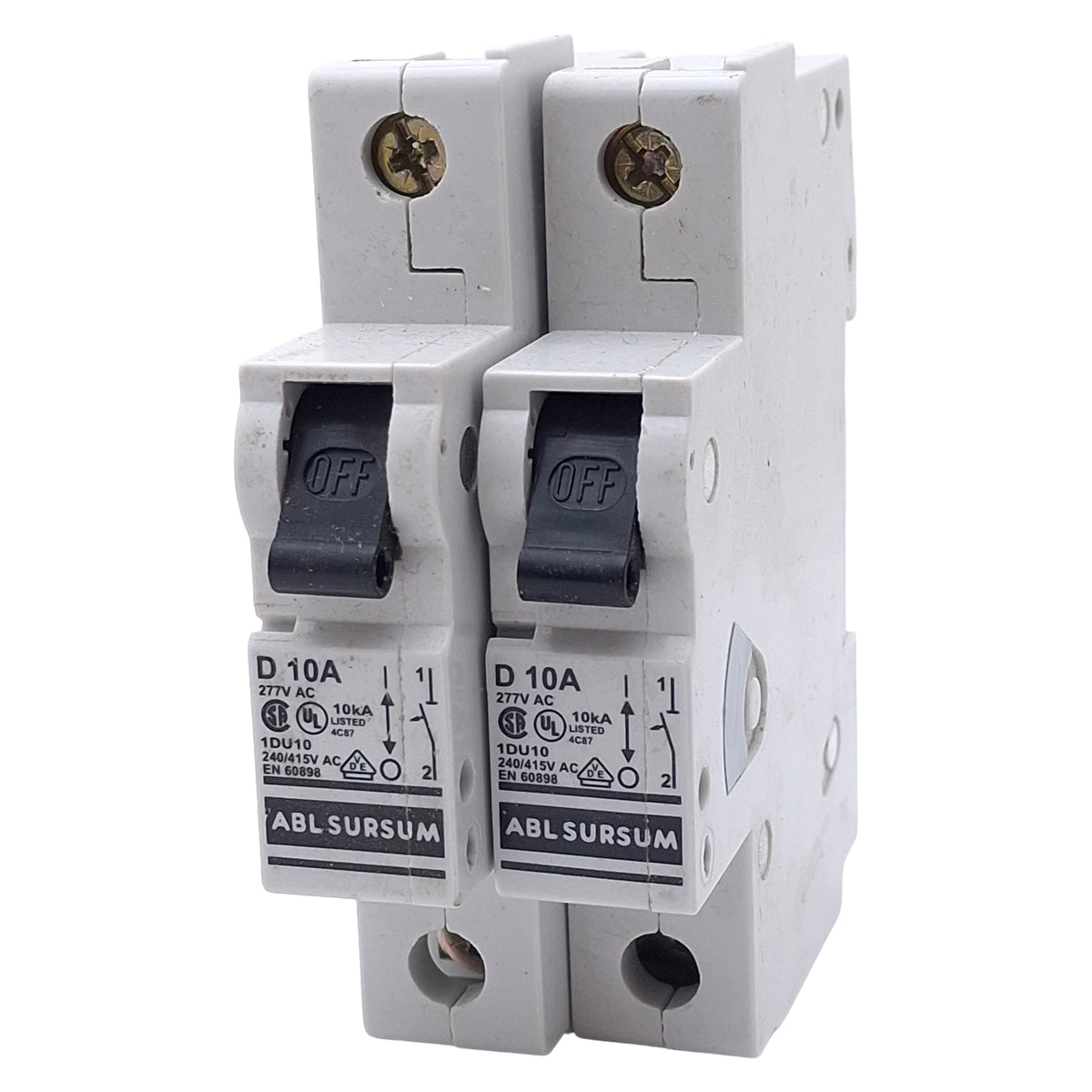 Used Lot of 2 ABL Sursum 1DU10 Circuit Breaker, 1-Pole, 10A 277VAC, DIN Rail