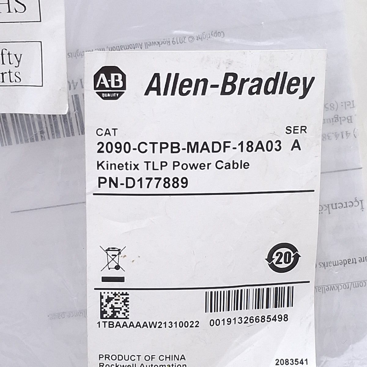 New Allen Bradley 2090-CTPB-MADF-18A03 Kinetix TLP Power Cable, 46-100 Frames, 3m