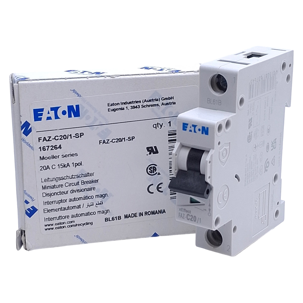 Used Eaton FAZ-C20/1-SP Circuit Breaker 1-Pole, 20A, 277VAC, C-Curve, DIN Rail