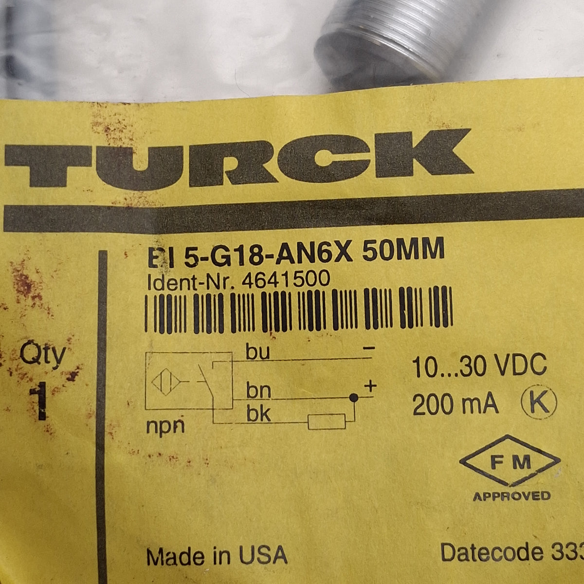 New Turck BI5-G18-AN6X 50MM Inductive Proximity Sensor, NPN-NO, 5mm Range, M18, 2.0m