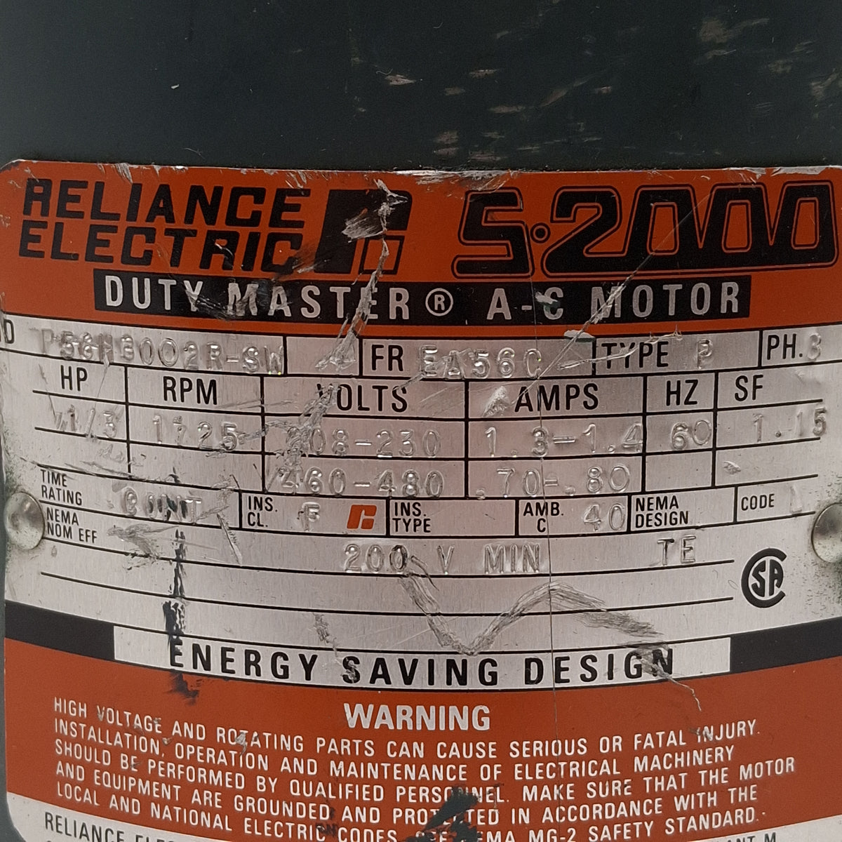 Used Reliance P56H3002R-SW AC Motor, 1/3HP, 3Ø 208-230/460-480VAC, EA56C Frame