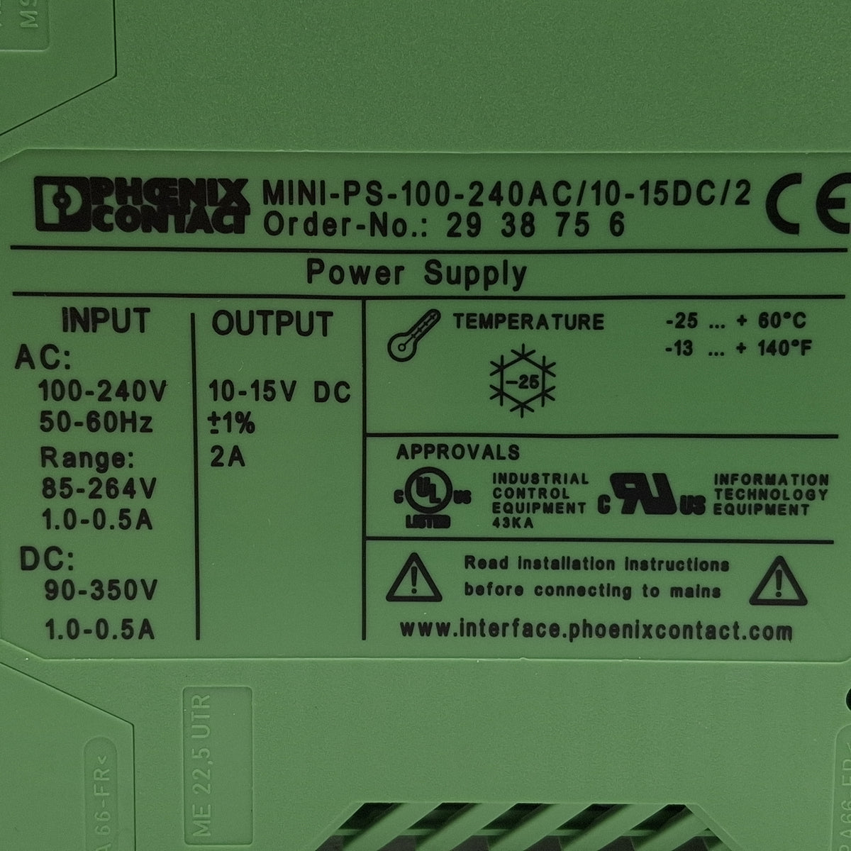 Used Phoenix Contact MINI-PS-100-240AC/10-15DC/2 PLC Power Supply, 10-15VDC 2A Output
