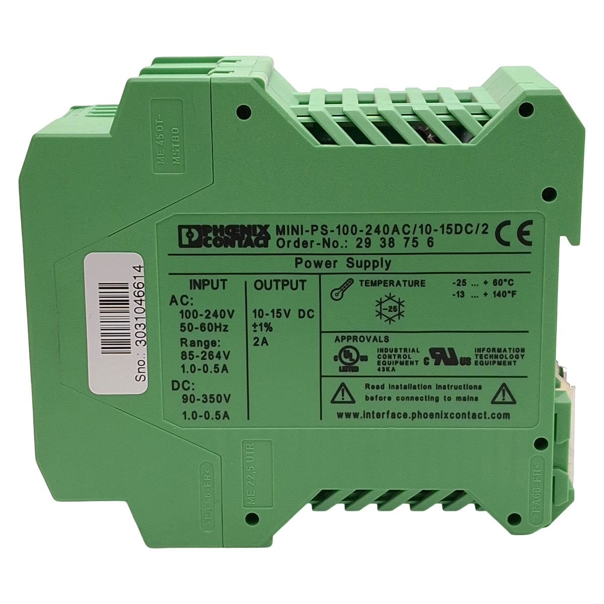 Used Phoenix Contact MINI-PS-100-240AC/10-15DC/2 PLC Power Supply, 10-15VDC 2A Output