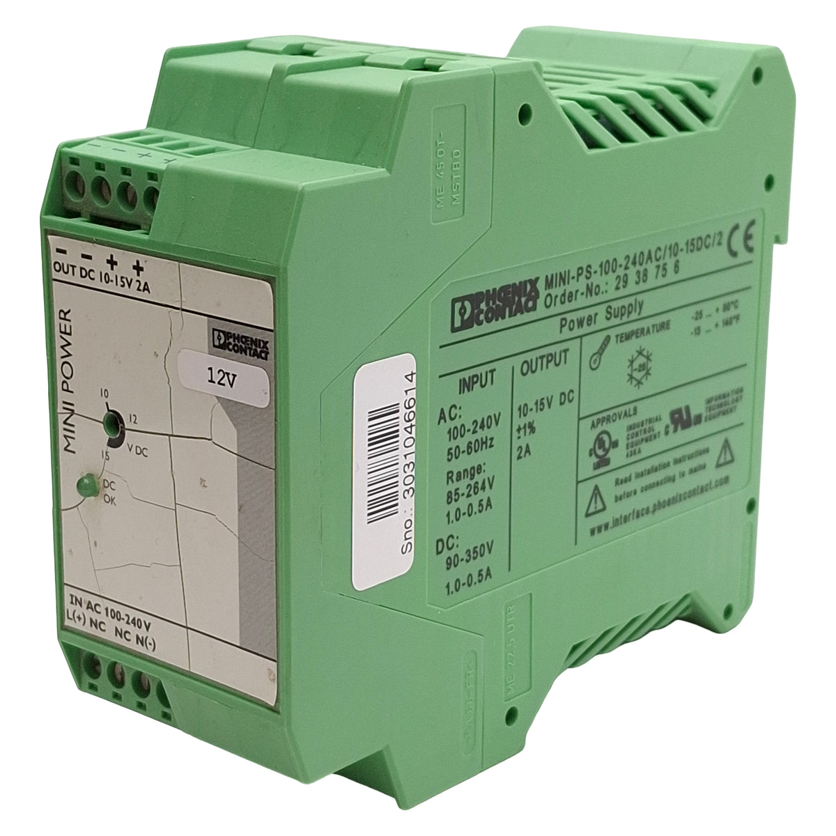 Used Phoenix Contact MINI-PS-100-240AC/10-15DC/2 PLC Power Supply, 10-15VDC 2A Output