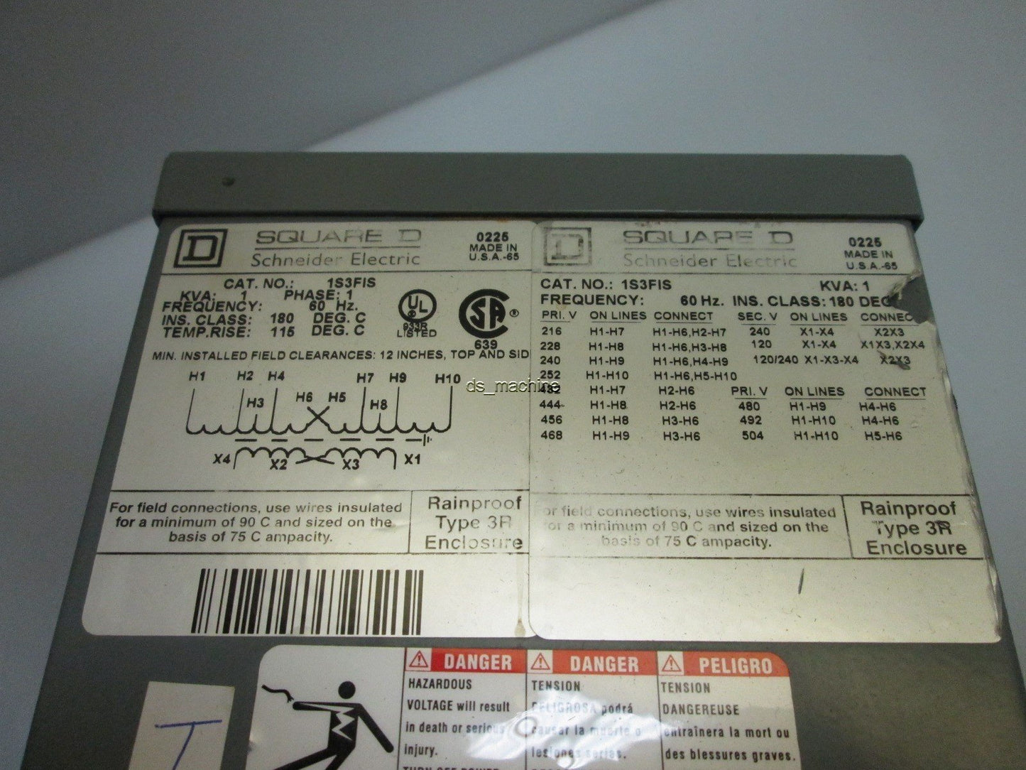 Used Square D 1S3FIS Dry Transformer Primary 240/480VAC, Secondary 120/240VAC, 1KVA