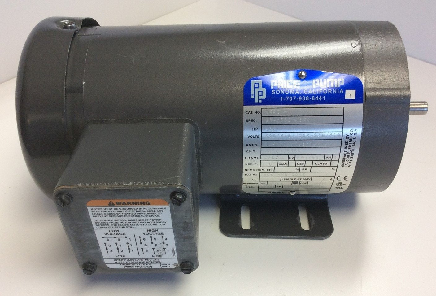 Used Price Pump 1440 Electric Motor .33HP, 2850-3450 RPM, 220/440V, 3 Phase, Frame 42