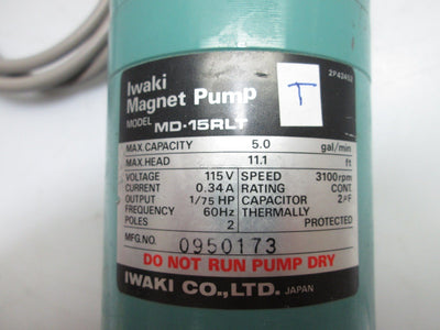 Used Iwaki MD-15RLT Magnet Motor 115V, 0.34A, 1/75HP