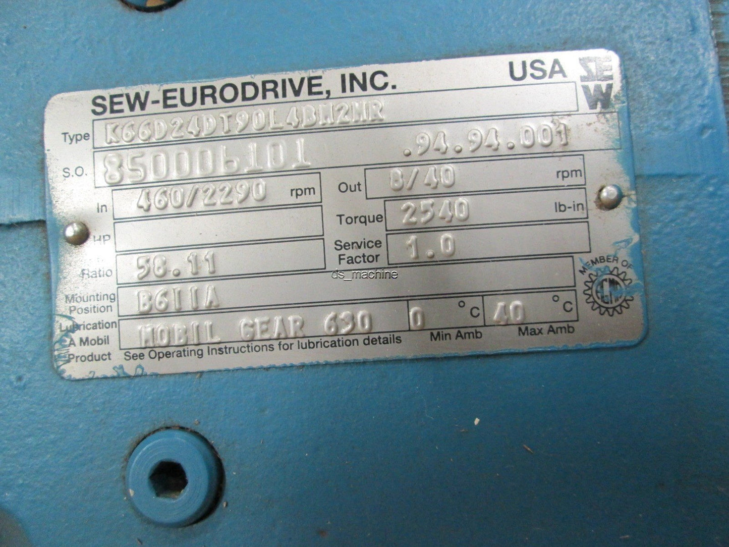 Used SEW K66D24DT90L4BM2MR, DF24DT90L4BM2MR Gearmotor 230/460VAC 6/3A 2HP 58.11:1
