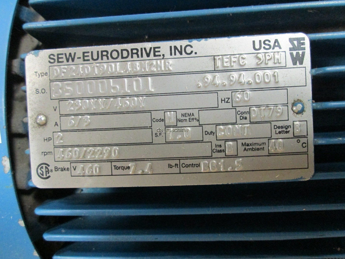 Used SEW K66D24DT90L4BM2MR, DF24DT90L4BM2MR Gearmotor 230/460VAC 6/3A 2HP 58.11:1