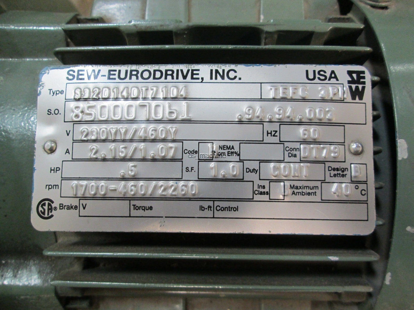 Used SEW Eurodrive S32 D14 DT71D4 B6B Gearmotor w/Varimot Speed Control 220/460VAC
