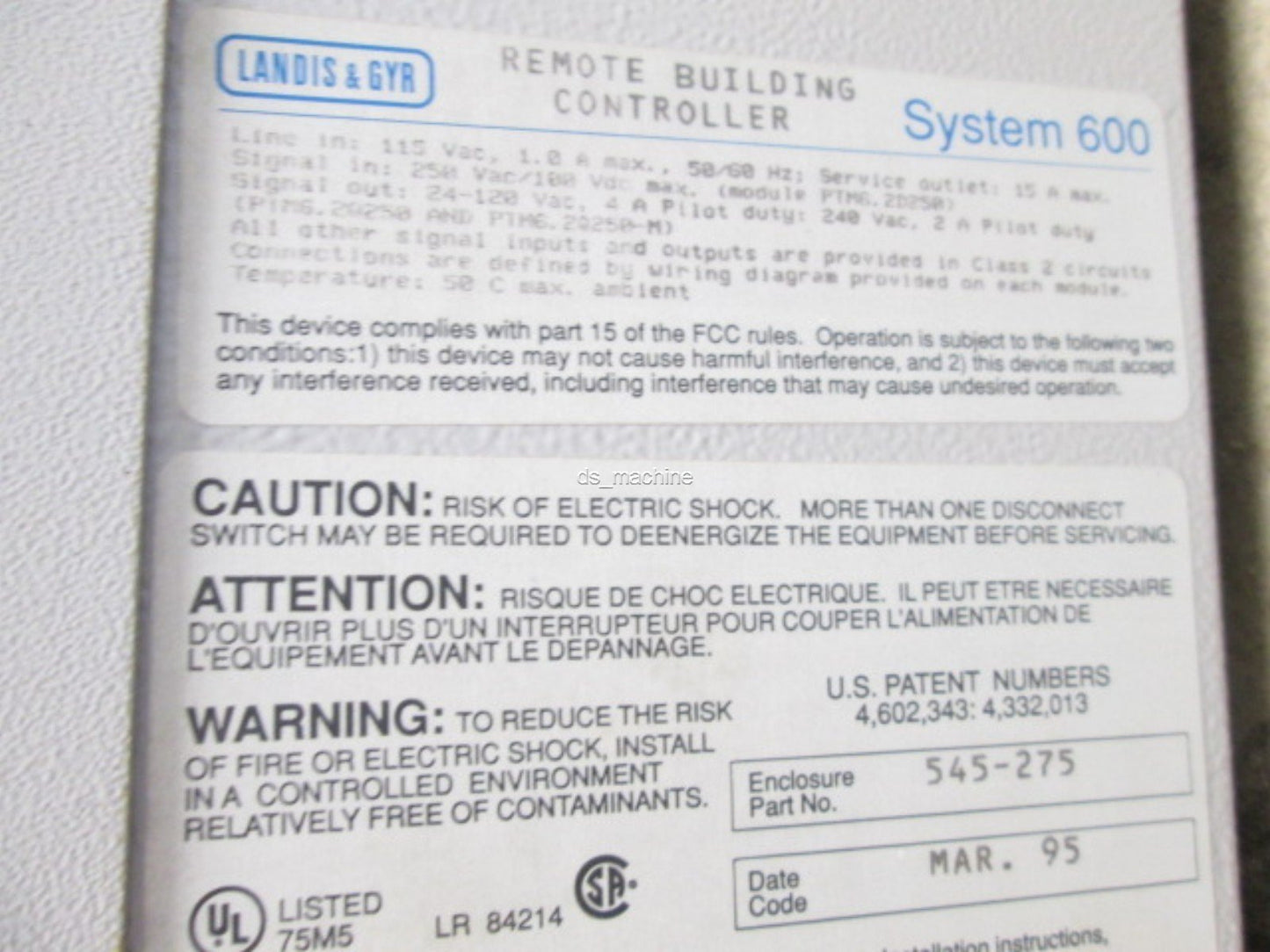 Used Landis & Gyr 545-275 System 600 Electrical Enclosure, 20" x 18.75" x 5.625"