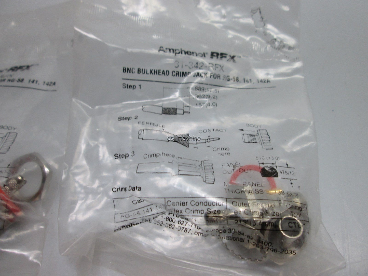 New in Bag Lot of 2 Amphenol 31-342-RFX BNC Bulkhead Crimp Jack for RG-58, 141