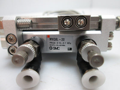 Used SMC MXQ8L-20 Recirculating Linear Slide Table, 20mm Stroke w/x2 SMC D-M9N Sensor