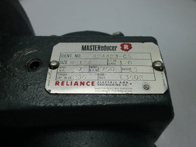 Used Reliance 424423-CS Speed Reducer 1750RPM, Ratio 15:1, .57HP, Torque 236 in-lb