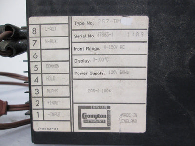 Used Crompton 267-DM Digital Meter with Bar Graph Percentage 120VAC 0-100°C