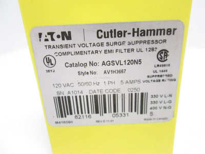 Used Cutler-Hammer AGSVL120N5 AEGIS VL Surge Suppressor EMI Filter 120VAC 5Amp