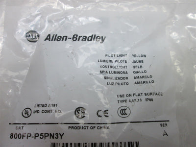 New Allen Bradley 800FP-P5PN3Y 800F Pilot Light 24V LED Latch Mount, Yellow