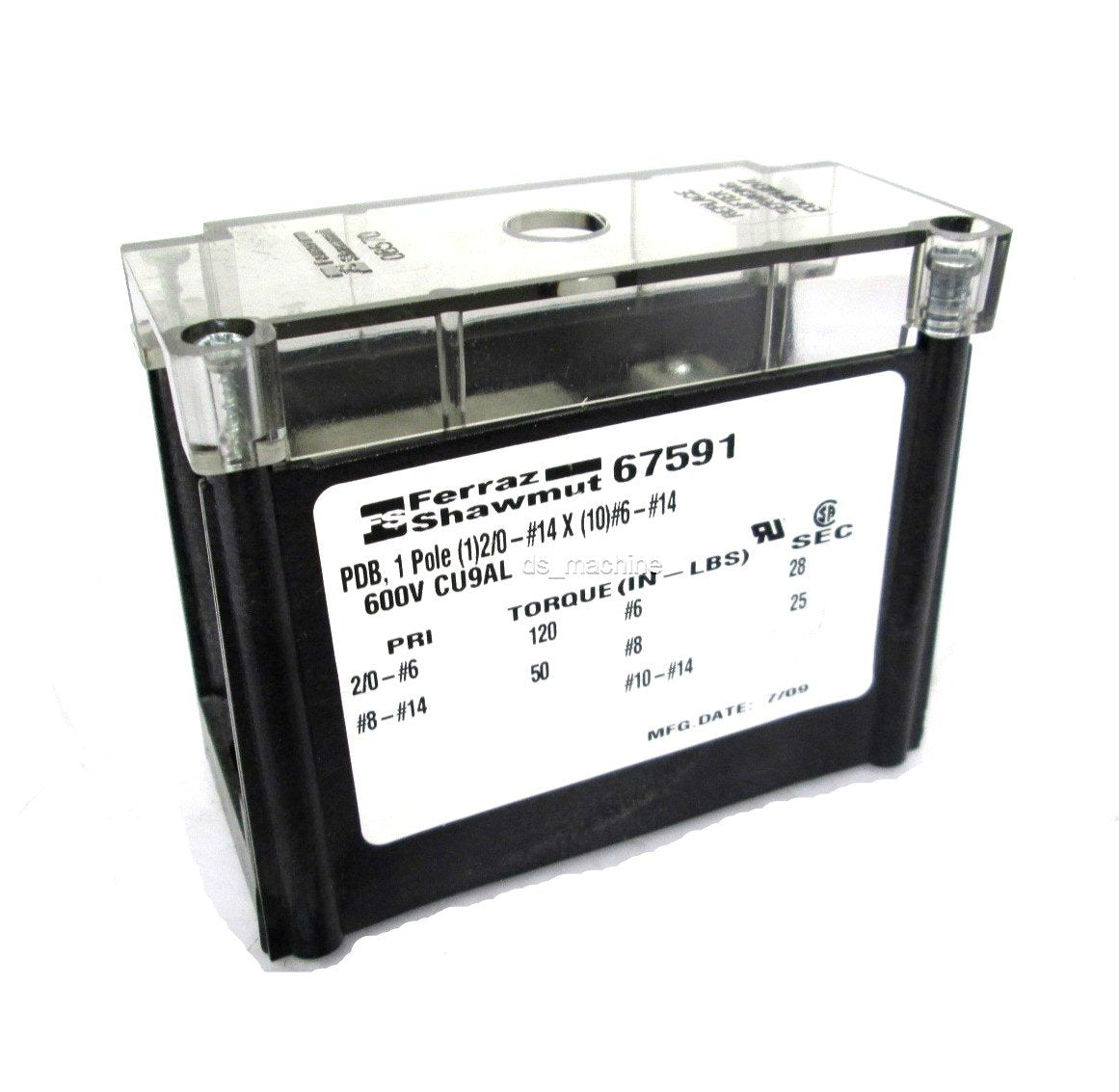Used Ferraz Shawmut 67591 Power Distribution Block 1 Pole 2/0 to 10x 14AWG