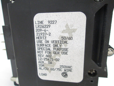 New Airpax MJ-1650 LR26229 209-4-21937-2 Circuit Breaker, 4-Pole, 20A w/Aux