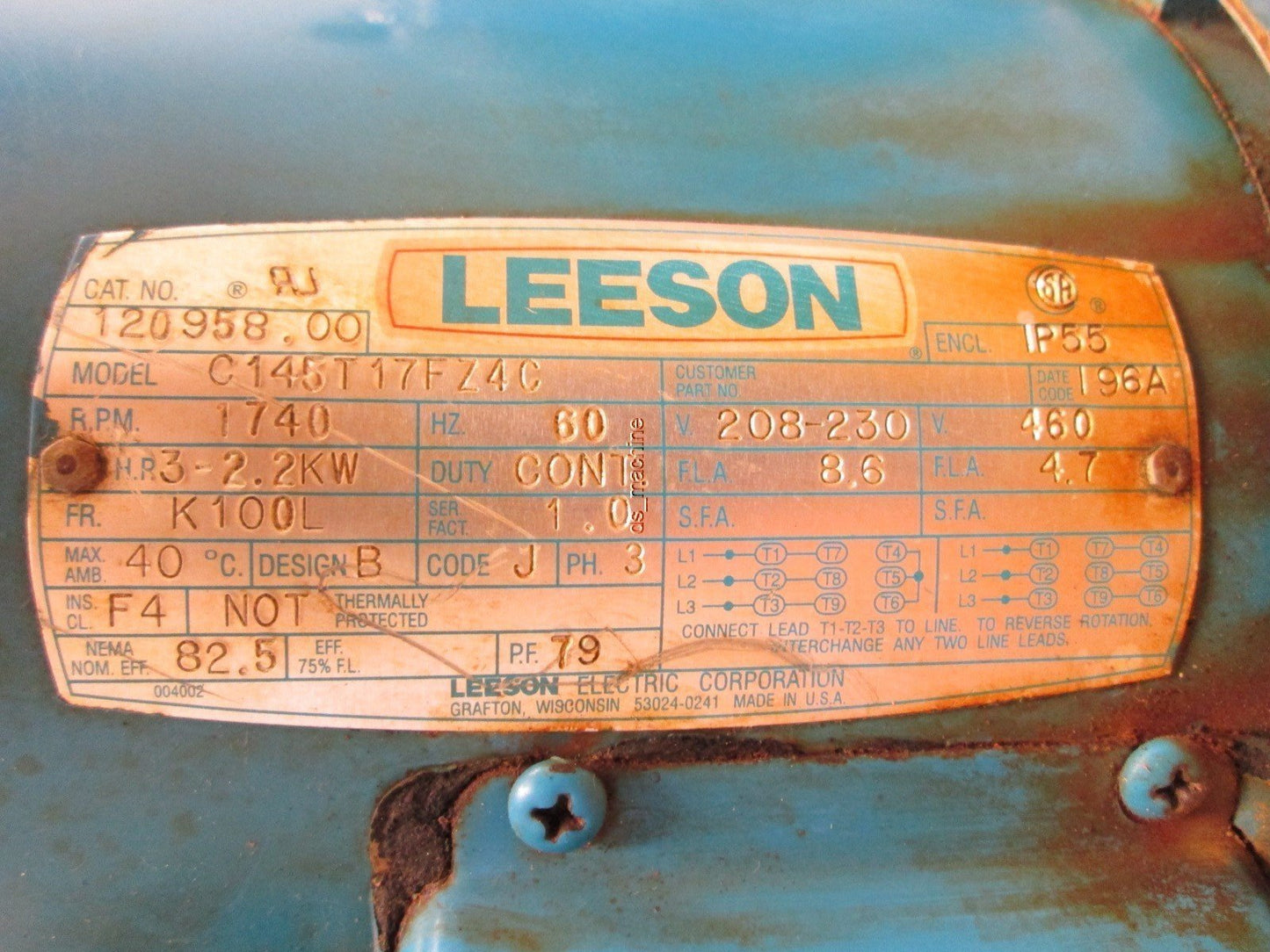 Used Leeson C145T17FZ4C Electric Motor 208-230/460VAC 8.6/4.7A 2.2kW 3HP K100L Frame