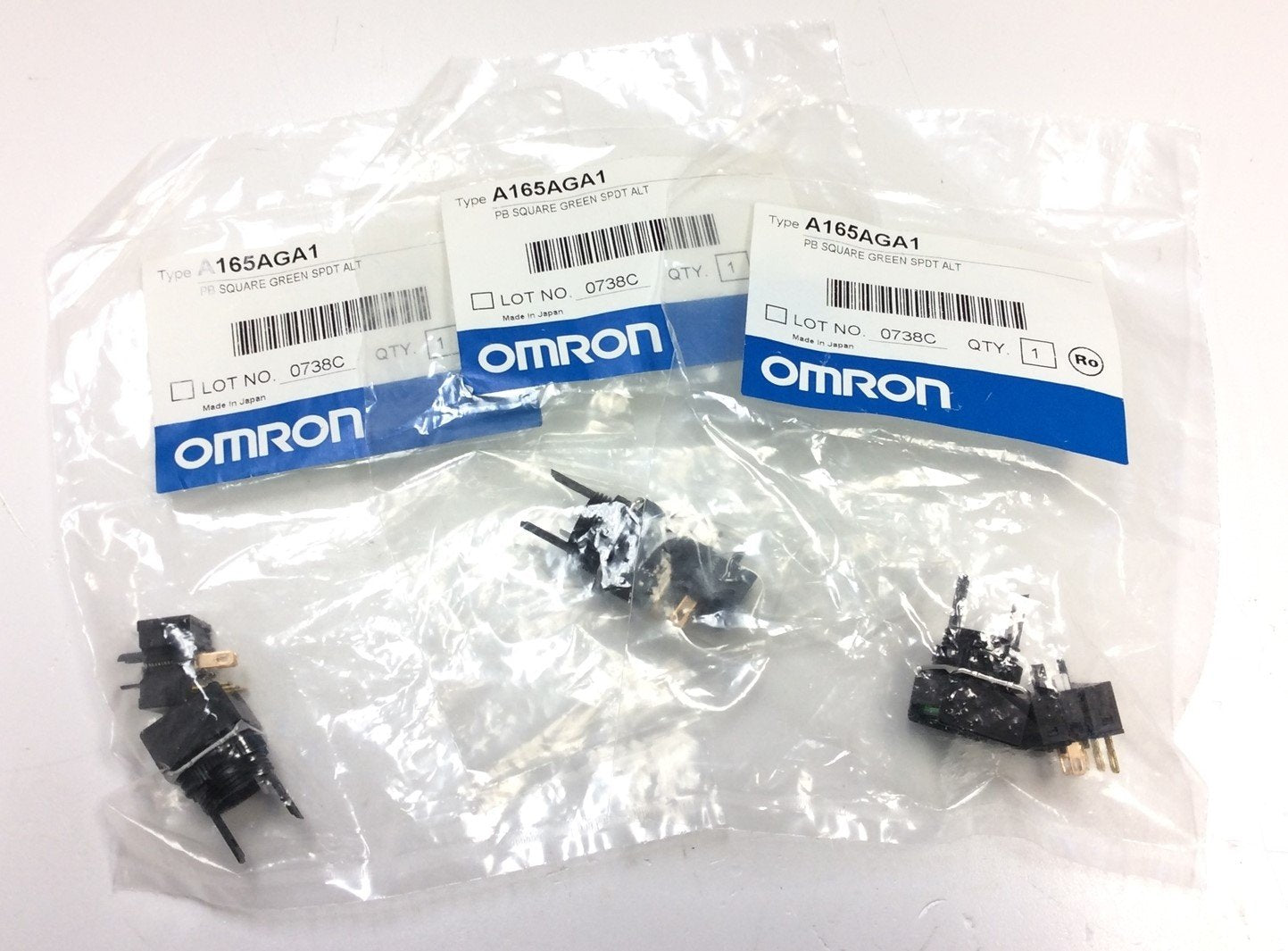 New Lot of 3 Omron A165AGA1 PB Square Green SPDT ALT Pushbutton Switches