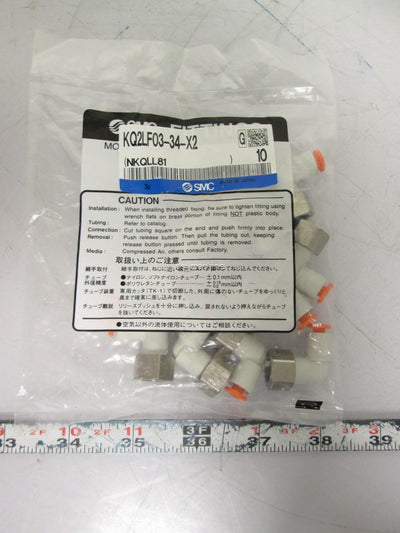 New Bag of 10 SMC KQ2LF03-34-X2 Pneumatic Fittings 5/32" Tubing x 1/8" NPTF