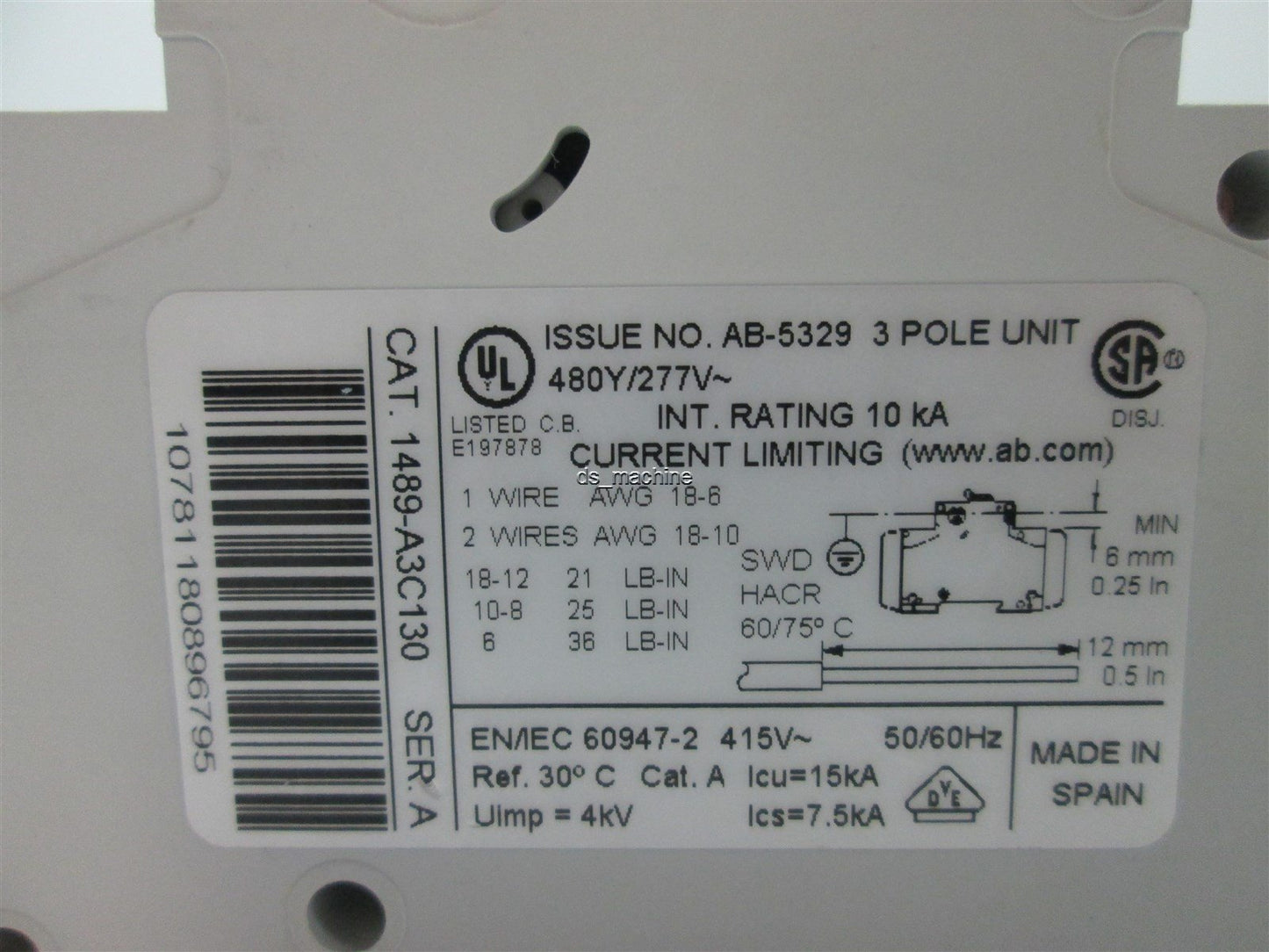 Used Allen Bradley 1489-A3C130 3-Pole Circuit Breaker 480/277V