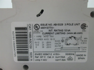 Used Allen Bradley 1489-A3C130 3-Pole Circuit Breaker 480/277V