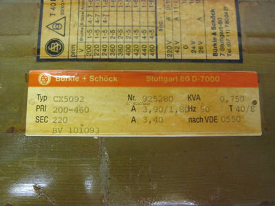 Used Burkle + Schock CX5092 Transformer .75kVA Pri: 200-460V 3.9-1.8A, Sec: 220V 3.4A