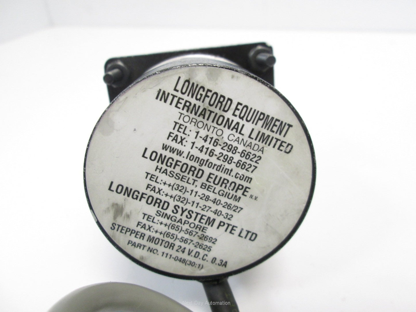 Used Longford 111-048 Stepper Motor / Gear Box, 24VDC 0.3A, 30:1 Ratio, 8mm Shaft OD