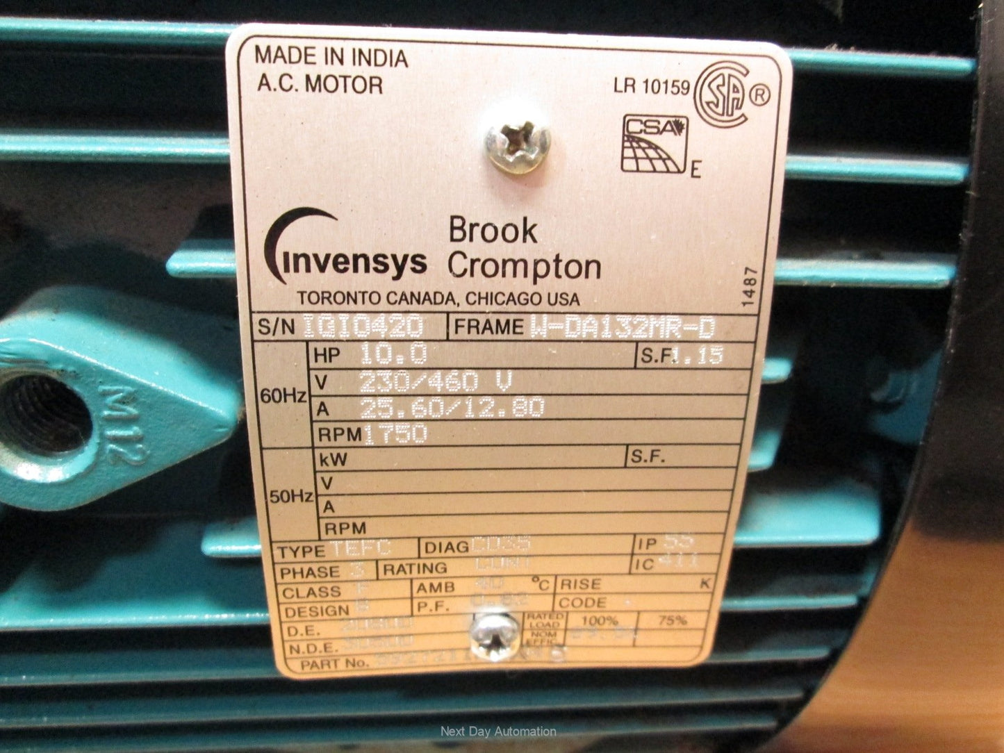 Used Brook Crompton 5927211WA 10HP AC Motor 230/460VAC 1750RPM 3PH FR W-DA132MR-D