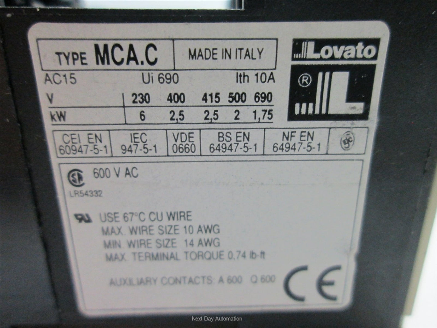 Used Lovato MCA.C Contactor, 24VDC Coil, Contact Rating: 600VAC 10A, 3NO, 1NC