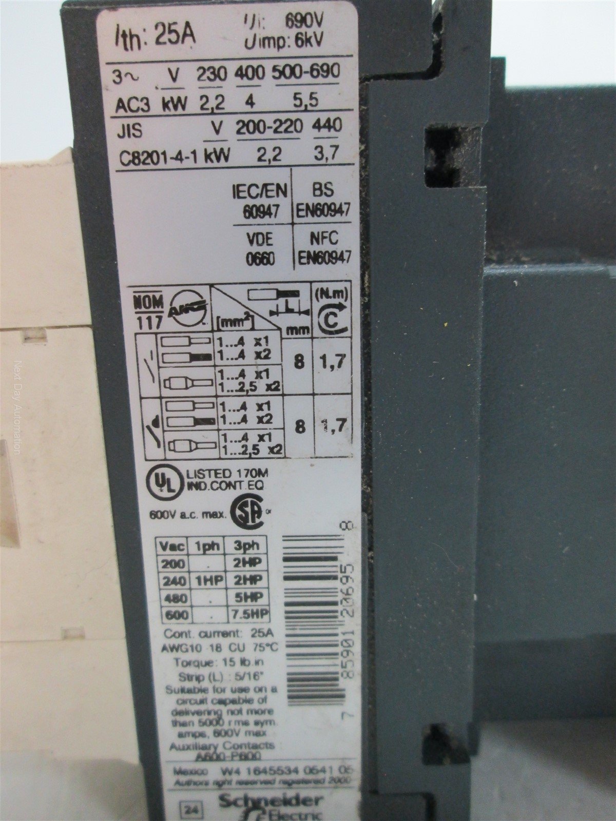 Used Telemecanique LC1 D09 Contactor, 120VAC Coil, 3-Phase, 25A 600VAC Rating