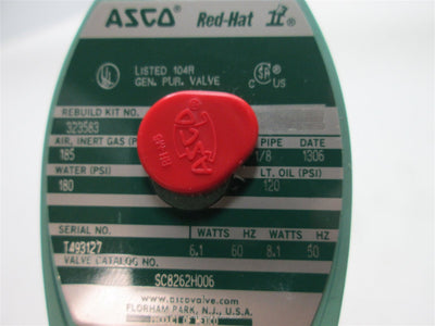 Used ASCO SC8262H006 Solenoid Valve, 120VAC 6.1/8.1 Watts, 1/8" NPT Ports, 185psi