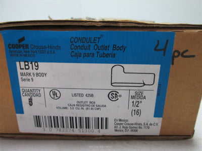 New Box of 4 Cooper Crouse Hinds LB19 Conduit Body, Size: 1/2", Aluminum