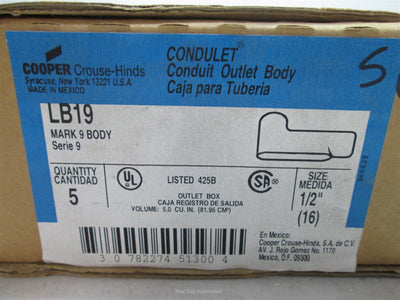 New Box of 5 Cooper Crouse Hinds LB19 Conduit Body, Size: 1/2", Aluminum