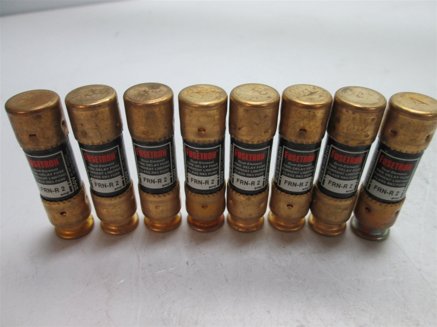 Used Lot of 8 Bussmann Fusetron FRN-R-2 Dual-Element Time-Delay Fuse, 2 Amps 250VAC