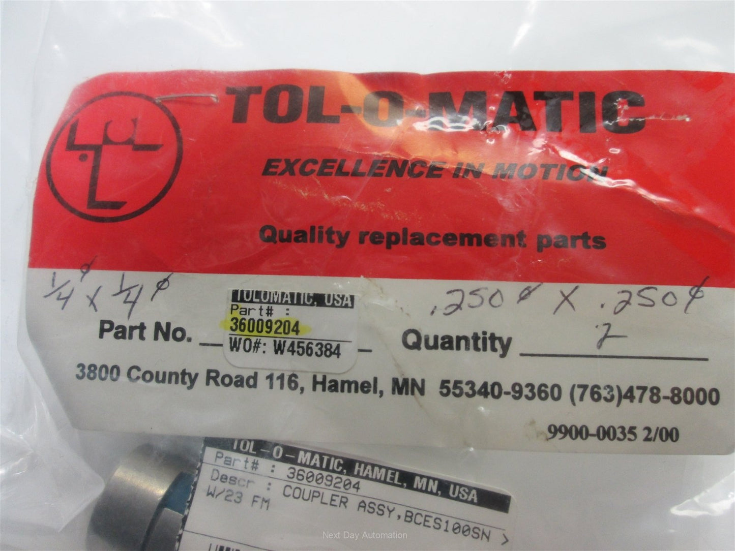 New Lot of 2 Tol-O-Matic 36009204 Coupler Assembly, 1/4"Ø to 1/4"Ø