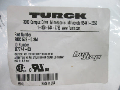 New Turck RKC 578-0.3M Cordset, 0.3 Meters Long, Rated: 250V 4A Max