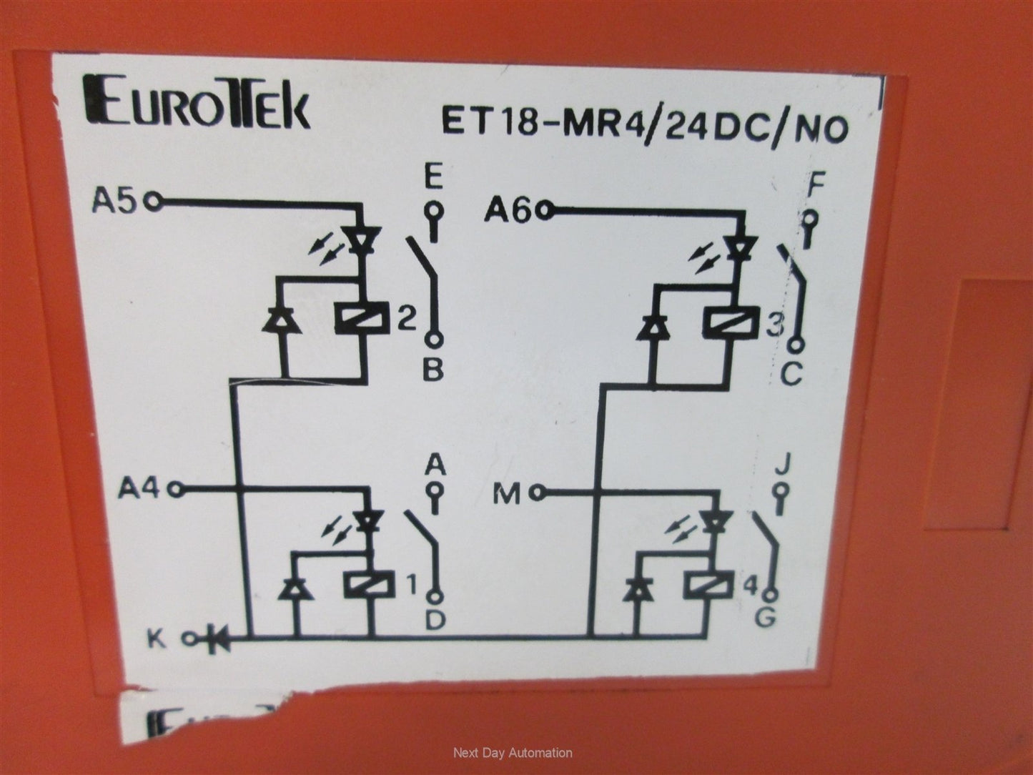 Used Eurotek ET18-MR4/24DC/NO Control Relay Module, (4) SPST, 24VDC Coils